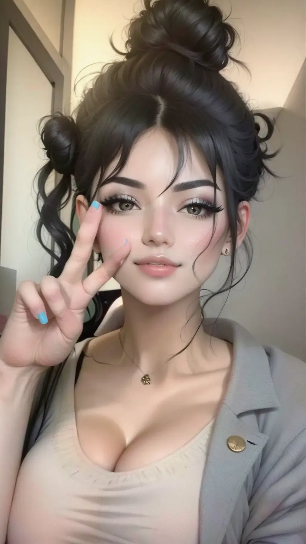 Up-close, picture of girl with black hair in a messy bun, small breast, giving the peace sign