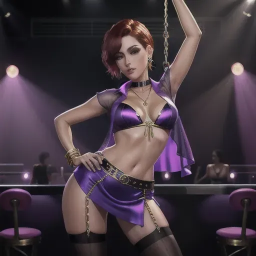 pornstar Vicca is seductively pole dancing in a strip club, groping her breasts and swinging her hips in sexy stripper club outfits, ultra realistic faces, Vicca has short straight red hair, very intense and beautful eyes, high cheekbones in a very beautiful face, small beautiful breasts with very erect nipples poking through clothes, nipslips, very thin and sexy body, toned body with long slender legs, transparent blouse, short sexy jacket with deep cleavage, short and tight skirt, very sexy stockings and choker with chain, bracelets on wrists and ankles, golden earrings and necklaces, purple silk scarf tied around upper arm, bracelett on wrist, nipslip, nipple poking out from bra, full body fits in picture, show legs and feet, partly undressed with visible breasts
Vicca is dancing violently, swinging her head with the music, arms in the air, touching her hair and neck, hands on hips, passionately looking deep into the camera, while seductively licking her lips, blue top, blowing kisses to the audience,
check fusing of arms and hands, check fingers on hand, five fingers, two arms, arm geometry, number of arms, check number of legs, beautiful and detailed face,
ultra realistic graphics, High definition, excellent lighting, best quality, high resolution, photorealistic, masterpiece, ultra realistic graphics, 16k, improved graphics