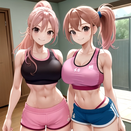 Twins, pink hair, light brown hair, ponytail, (((busty))), young, cute, (slender), sports bra, blue shorts, at home, smile