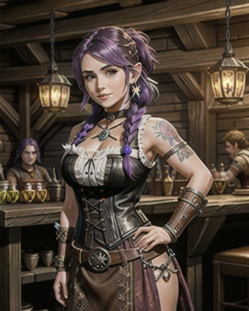RPG fantasy style illustration of a confident and attractive, chubbier female character with purple hair styled in loose braids, pointed ears with wood gauges, sleeveless cream-colored blouse with low neckline, brown corset with shoulder straps, tattoo designs with colorful floral patterns mixed with skulls covering her arms, hands on her hips with brown leather bracers or gauntlets, and dirty leather boots, a mischievous grin, in a fantasy tavern setting