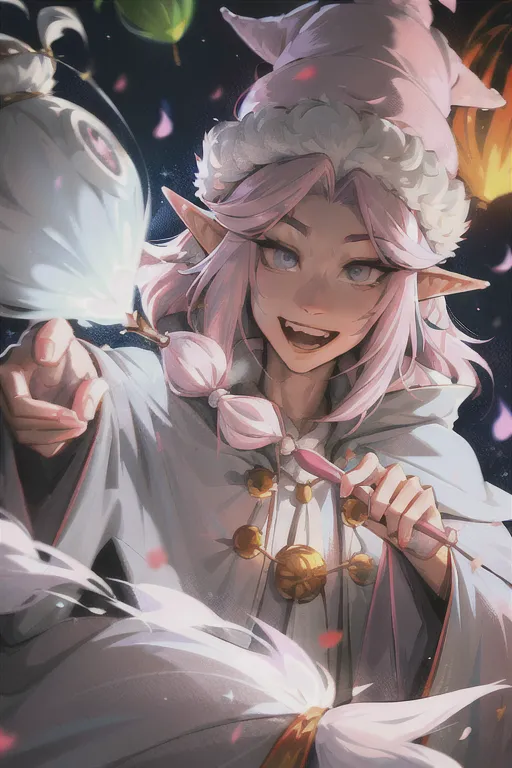 sam yang, 1 male elf, best quality, highly detailed , elf ears long, elf wizard male, pink hair color, medium shaggy hairstyle, wizard hat and flowing cape, light grey eyes starry look in eyes, elements of fire showing, chibi cute style, exciting happy mouth open expression, multi colored cotty candy themed wizard robes, fluffy neck hood on shoulders, ((masterpiece))<lora:dpmg_sam_yang:1>