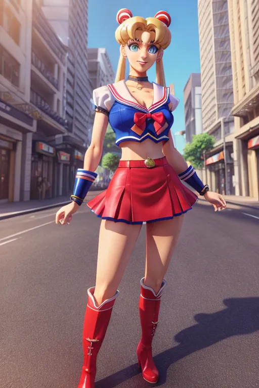 3d, detailed drawing, Sailor Moon, detailed face, blonde flowing twintails, red boots, blue skirt, low cut white blouse, exposed midriff, long toned legs, standing proudly, hands on hips, on a city street