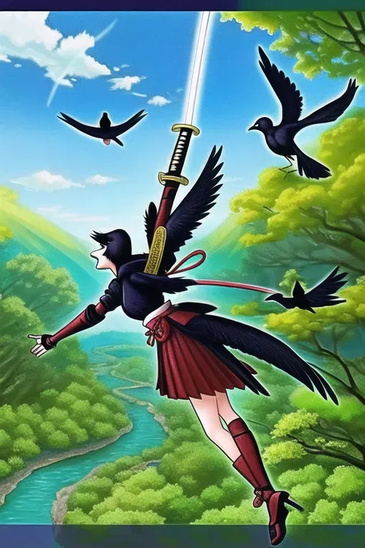 Veeries (a type of bird) wearing samurai armor and holding a samurai sword while flying above a river With trees on land