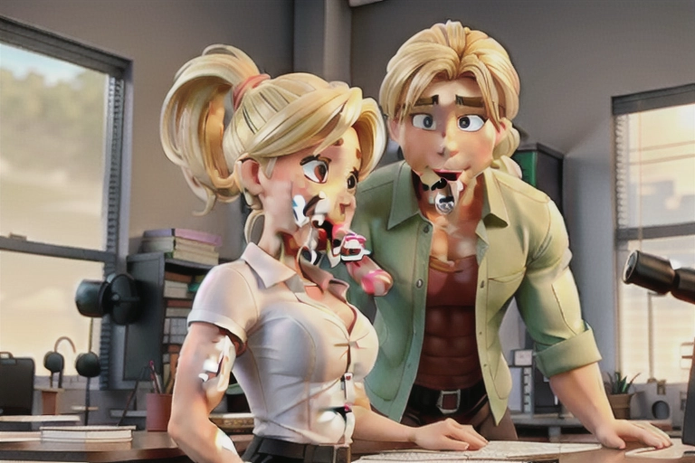 woman on her knees sucking the penis of a man standing next to her, blonde hair, ponytail, (office outfit), breasts out, ((muscle, muscle body, fit, fitness, abs), green eyes, full body, seen from side-details, (cum in mouth:1.5), perfect mouth, perfect vagina, perfect penis)