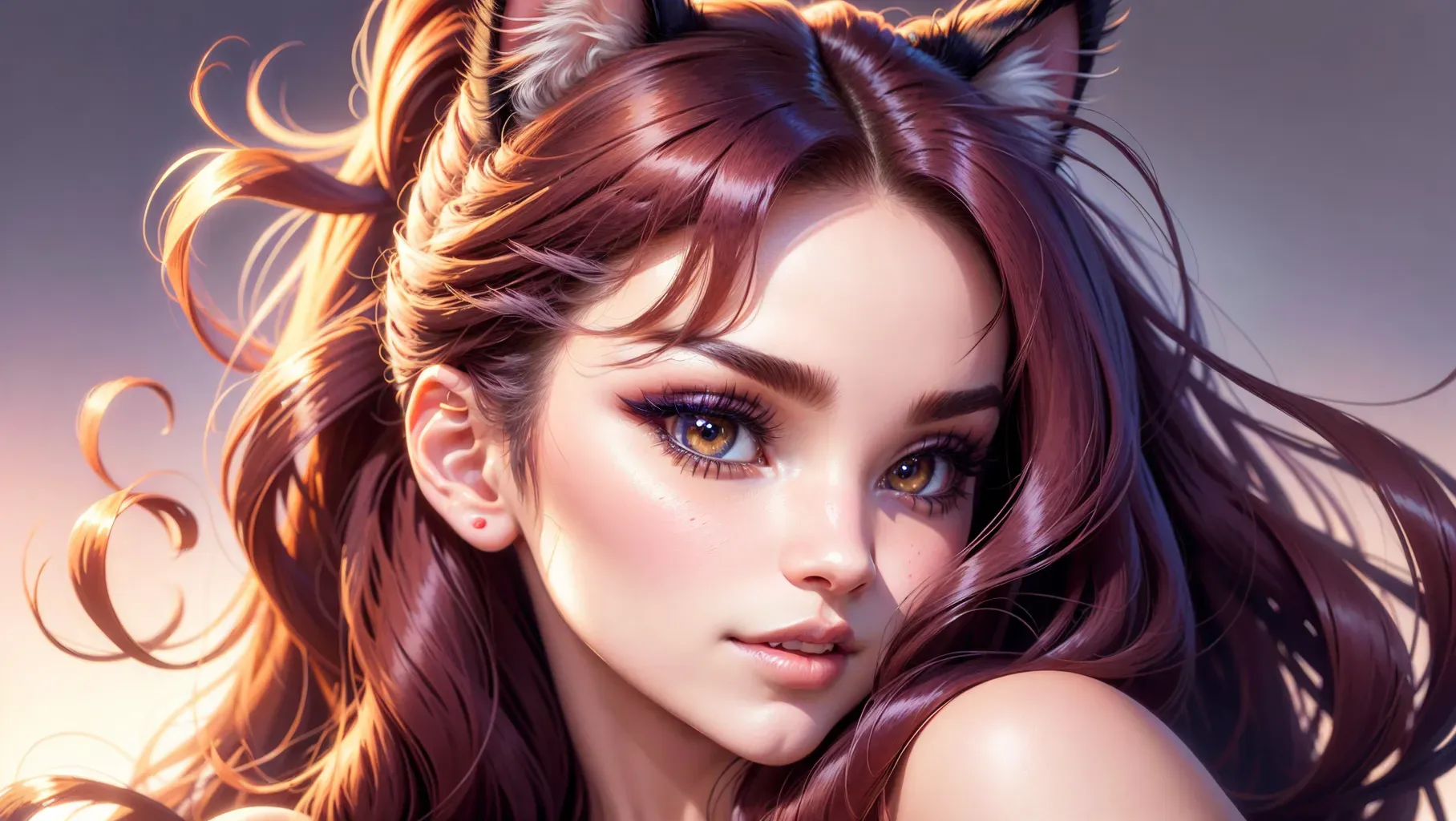 sexy girl, large hair, small breasts, high res cat eyes, pretty makeup, stunning profile picture, ((plain one color background)), cat nose, whiskers, cat ears, lip gloss, no human ears, Sharp nails, happy, on all four,