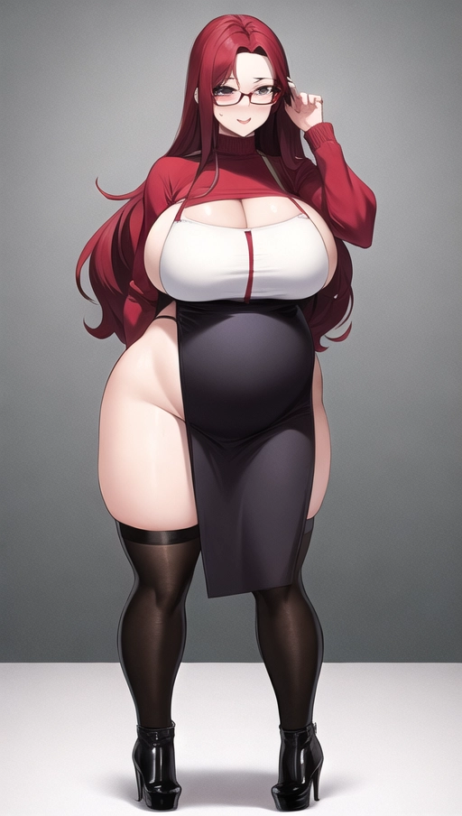 Dark red hair, sexy glasses,Sexy women ,big boobs, pregnant gigantic belly,<fat belly and fat boobs>,weight gain, weight gain big belly, <gigantic fat belly>,big fat belly ,huge soft belly , nylon Socks, black high heels boots, nude boobs, <pov_Big_fat_belly:1.4> ,