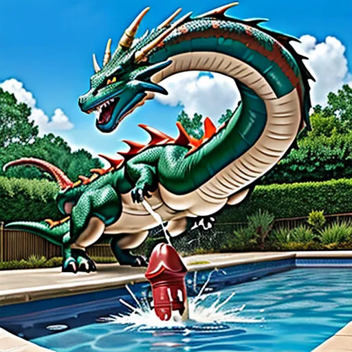 Sentient inflatable feral dragon swimming in a pool with large cock shooting gallons of cum.