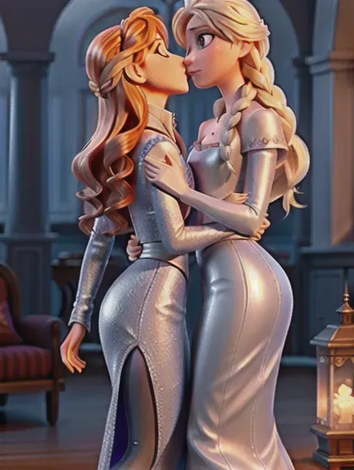 Elsa and Anna from Frozen,
Elsa has platinum blonde hair,
Anna has dark auburn hair
both nude, kissing, hardcore lesbian sex
unreal engine,
Hyperrealistic, ultrarealistic, HD, HDR, ambient lighting, pixiv,
high resolution, ultra-fine details, deep saturated colours, sharp focus, clear definition,
best-quality image