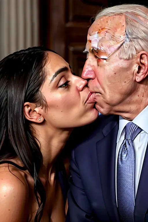 a hyper-realistic image of, naked alexandria ocasio-cortez kissing joe biden