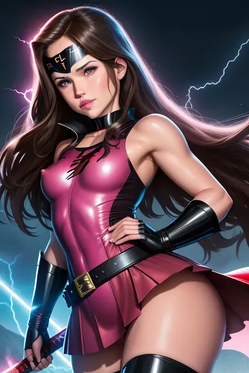 Superhero, shoulder length brunette hair, young Jennifer Garner, superhero eye mask, red eyes, small nose, blushing full cheeks, full lips, medium breasts, hard nipples, pink and black one piece uniform with skirt, belt with gadgets, heart emblem on chest, full thighs, thick ass, naked pussy exposed, cum dripping from pussy, hairy vagina, thigh high boots, flying, katana, lightning, high definition, cinematic lighting.