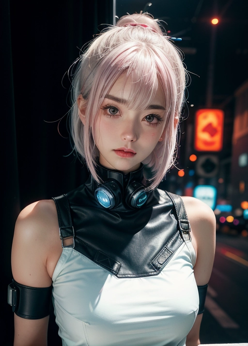 A professional photo of Lucy from cyberpunk edgderunners 25 years old, European and Japanese descent, cute but angry and pouting expression, in a hotel roomwith giant windows outside is a futuristic cyberpunk city, night time, astonishing woman, 21 years old, short pure white hair with one pink strand, bob haircut, wearing full cotton cyberpunk techwear streetwear outfit, fully clothed,warm cinematic lighting, neon lights, neon glow, purple lights, masterwork, best quality, volumetric lighting, depth of field Imperfect skin, Feminine, Real looking face, highly detailed face,photorealistic, hyperrealistic, low light,covered breasts, (best quality),(Small breasts), <lora:dpmg_add_detail:0.5>, beautiful,(high resolution), (((masterpiece))), (uhd), (8k)