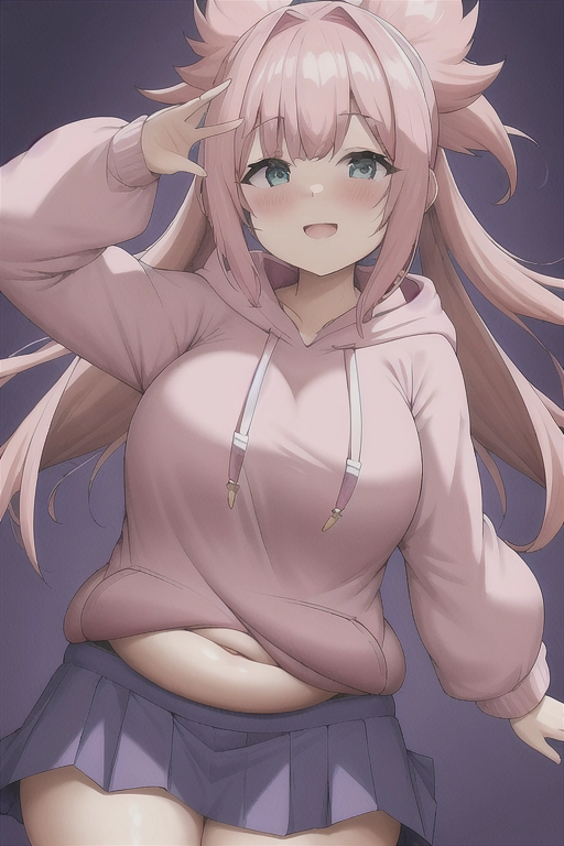 uhd, best quality, 1girl, pink hoodie, blue pleated skirt, pink hair, chubby, fat, chubby belly,