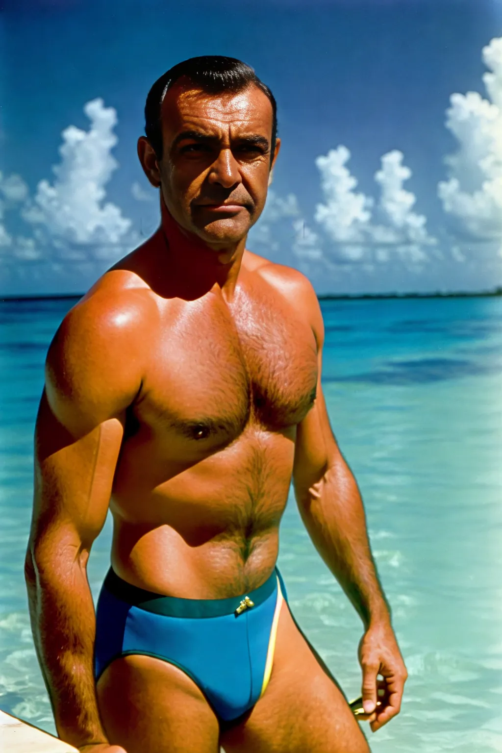 1960s, Sean Connery, as agent 007, at a hotel, in the Bahamas, looking at the camera