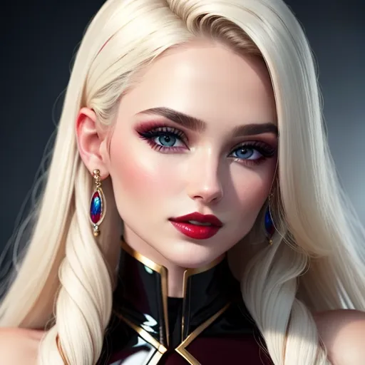 Incredibly sharp ultra high definition image of a stunningly beautiful highly detailed portrait of a fashion model shot in a professional photographic studio with very bright studio lights lit from above casting no shadows, very pale pure white smooth alabaster skin, you can see every skin pore detail, long wavy blond hair, piercing blue eyes, scooped turned up nose, extremely rich dark cherry red lipstick coated with highly reflective lip gloss, ultra sharp ultra high definition professional editorial image