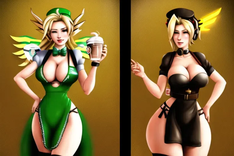 mercy overwatch wearing a green Starbucks apron holding a coffee, standing, no bra, large breasts, no undershirt, wide hips, big ass, big boobs, high detail, high quality,