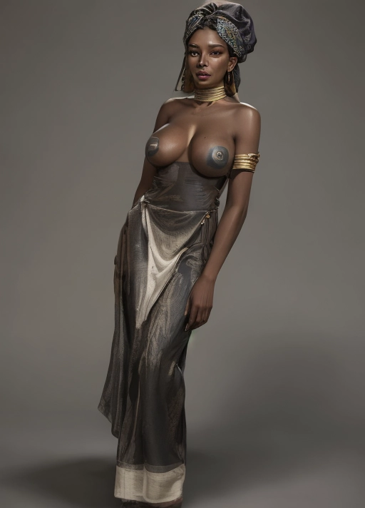 An Ebony woman ,bare breasted ,wearing baggy pant-dress and a towel on her head ,she has a simple double bracelet on her left upper arm
