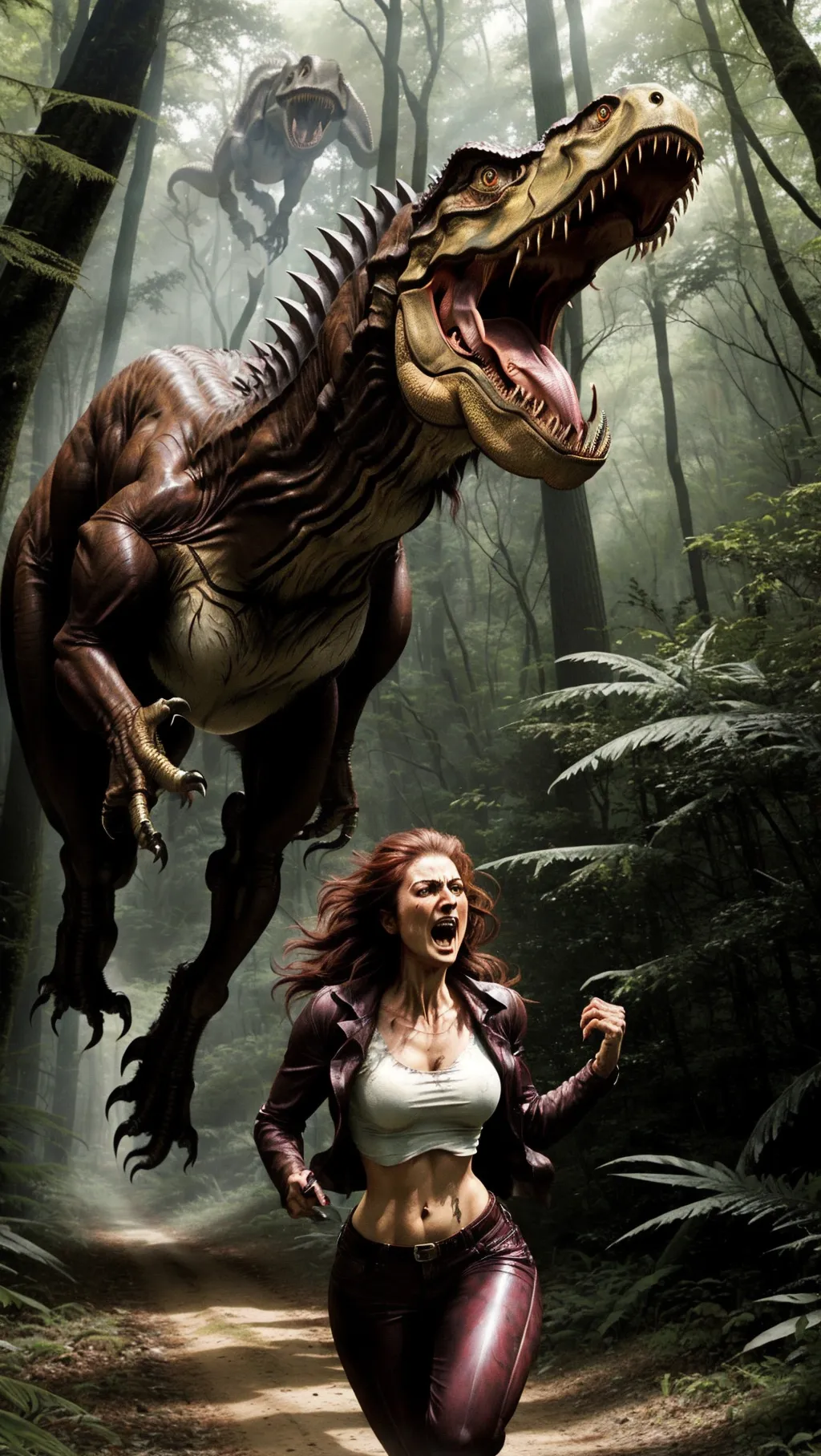 ((woman being chased by Tyrannosaurus Rex in the woods)), jurassic park Tyrannosaurus Rex, 1woman, small breasts, small hips, terrified, screaming, tears, torn clothes, bloody, running through the woods, Tyrannosaurus Rex in the background, chased,