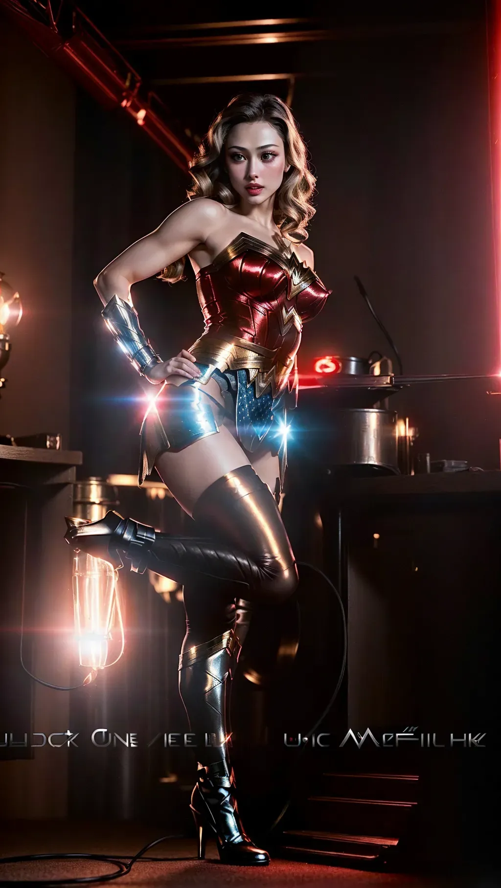 (Sarah Gadon as Wonder Woman, naked, (ultra perfect pussy, pussy shaved, pussy uncovered), full body, beautiful, full movie makeup, cosplay, realistic, perfect, masterpiece, led background , SDXL 1.0, ultra best quality, ultra high quality, ultra high resolution, ultra high realism, ultra high realistic, ultra high masterpiece 1.0, enchantment 1.2, magical 1.2, ultra cinematic effects, ultra cinematic dark red lighting, non revealing, skin tight clothing , ultimate model physique, eyes illuminated light grey, hair dark brown, hair bright blonde highlights, seductive expression, sexy expression, ultra perfect teeth)