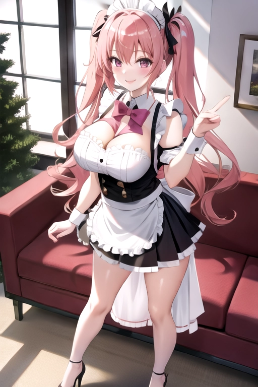8k quality, pink eyes, pale white skin, orange hair, giant breasts, cleavage, looking at viewer, pov, long hair, wavy hair, full body photo, standing in living room, smiling, maid outfit, miniskirt, asian, pigtails, high heels