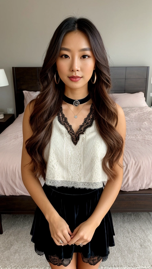 solo lady, Late twenties, Asian descent, oval face, warm brown eyes, long wavy chestnut hair, subtle freckles, delicate features, soft pink lips, natural makeup, gentle smile, confident yet approachable, wearing small hoop earrings, hint of blush, captivating gaze, relaxed and friendly expression.
Warm-toned bedroom, soft lighting, queen-sized bed, plush comforter, knit throw blankets, fluffed pillows, wooden nightstands, vintage lamps, bookshelf filled with novels, framed family photos, scented candles, potted plants, fluffy rug, cozy reading nook, gentle color palette, serene and inviting atmosphere.
Black lace corset top, velvet high-waisted skirt, floor-length, lace-up combat boots, fishnet gloves, silver pentagram necklace, black choker with spikes, dark lipstick, smoky eye makeup, lace parasol, black velvet clutch, silver rings with gothic motifs, dramatic and mysterious.