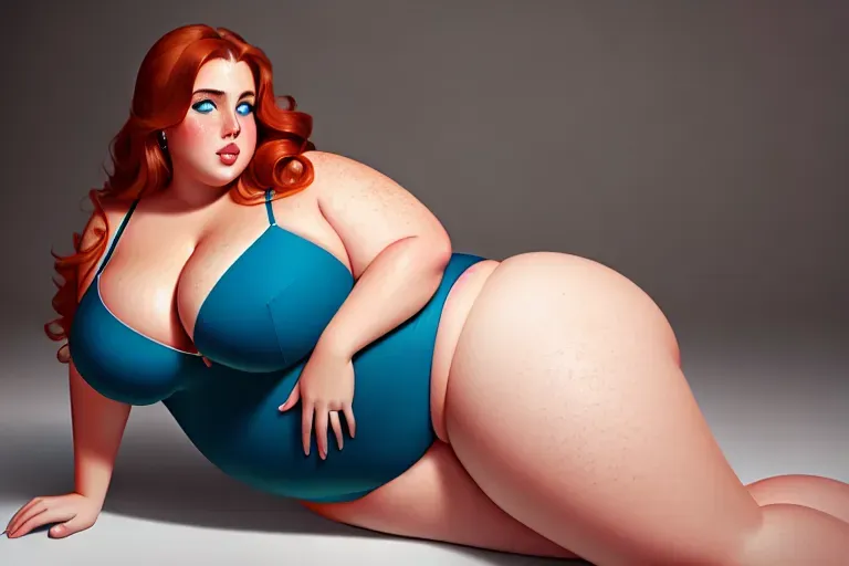 Digital painting of, obese young woman, double chin, obese, fat, xxxl, freckles, auburn hair, blue eyes, curved eye brows, beautiful, chubby cheeks, plump lips, Deep cleavage, seductive, tall high heels