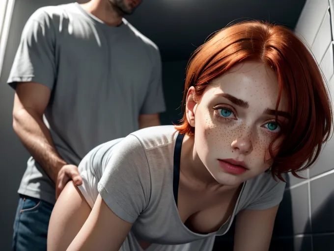 8k, hyper realistic, photo quality, natural redhead short haired woman, she is short, petite and thin, she has very pale skin, they are in a small dark dirty bathroom, she is getting fucked by a big cock, she has a round face, she has European features, she has a small button nose, she has sexy little lips, she has hazel eyes, <lora:dpmg_fucked_from_behind:1> she has flawless white skin, she is wearing a loose blue dress, one girl, one man, man is fucking her, man has pants off, man has shirt on, man is a dark skinned Italian, woman has small little tiny breasts and nipples, redhead is being penetrated from behind, doggy style, she has flushed cheeks and neck, dark lighting, man has large thick penis, girl is intoxicated, high camera angle, rounder face, light freckles, she green eyes, she is cumming, low dim lighting, man is wearing a gray t-shirt, rough sex, hard fucking, perfect anatomy