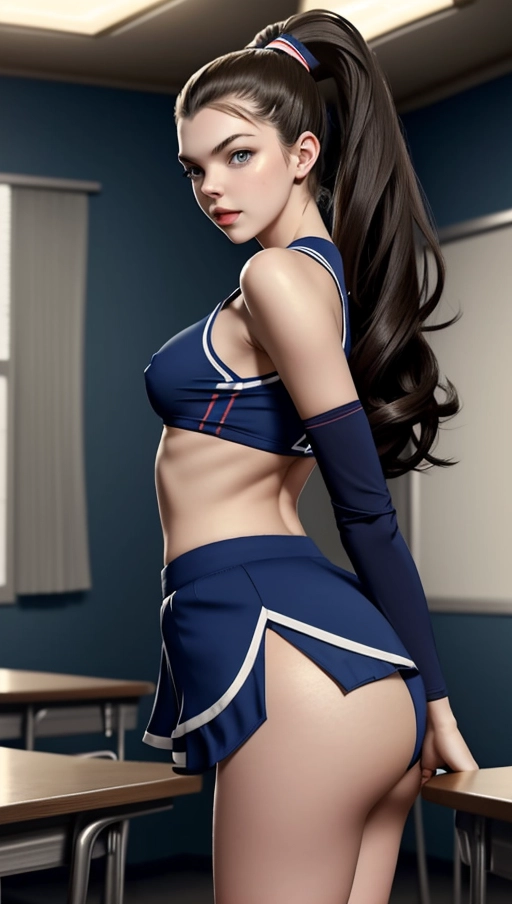a (wide shot) concept art of single woman (Anya Taylor joy),(as a cheerleader),(teasing in a classroom)(Sly)(Evil grin),(wearing cheerleader uniform)(wearing a tied off shirt)(exposed midriff)(wearing knee high tube socks)()(sweaty)(wet panties), (accurate face),(pinup art), (sexy pose)(upskirt)(fondling ass and breasts)(looking down at you), (slender build)(Athletic Build)(skinny)(perfect ass), (small breasts) (B Cup)(perky breasts)(hard nipples), five slender fingers, (long SLEEK HIGH PONYTAIL CENTERED ON TOP hairstyle)(BLUNT)(BANGS), beautiful face, beautiful lips, detailed eyes, curved eyebrows, cinematic lighting, studio lighting,professional,editorial