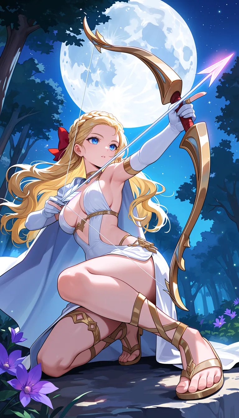 greek mythology, artemis \(mythology\), 1girl, aiming, arrow \(projectile\), blonde hair, blue eyes, bow, bow \(weapon\), braid, breasts, bush, cape, clothing cutout, crown braid, dress, elbow gloves, feet, flower, forest, full moon, gladiator sandals, gloves, gold choker, gold thighlet, hair bow, hip vent, holding, holding arrow, holding bow \(weapon\), holding weapon, jewelry, legs, long hair, looking ahead, medium breasts, moon, nature, night, on one knee, outdoors, parted lips, partially fingerless gloves, plunging neckline, purple flower, red bow, sandals, side cape, sideless dress, solo, star \(sky\), thighlet, toenails, toes, tree, wavy hair, weapon, white cape, white dress, white gloves, masterpiece, best quality, amazing quality, highres, absurdres, newest, very awa, dynamic pose, dynamic compositiongreek mythology, artemis \(mythology\), 1girl, aiming, arrow \(projectile\), blonde hair, blue eyes, bow, bow \(weapon\), braid, breasts, bush, cape, clothing cutout, crown braid, dress, elbow gloves, feet, flower, forest, full moon, gladiator sandals, gloves, gold choker, gold thighlet, hair bow, hip vent, holding, holding arrow, holding bow \(weapon\), holding weapon, jewelry, legs, long hair, looking ahead, medium breasts, moon, nature, night, on one knee, outdoors, parted lips, partially fingerless gloves, plunging neckline, purple flower, red bow, sandals, side cape, sideless dress, solo, star \(sky\), thighlet, toenails, toes, tree, wavy hair, weapon, white cape, white dress, white gloves