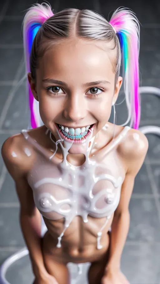 cute, pig tails, lots of semen on face, lots of semen on body, white slime, straight hair, dyed hair, raver girl, nude, high detail, anorexic, Skinny, small tits, oiled, full nude, full body view, high resolution, (8k), show full body, multiple girls, (view from below), (open mouth), milk, soaked, smiling, (ultrarealistic metal dental braces centered across perfect teeth), high resolution dental braces over teeth, add high detail silver gems centered over teeth, open mouth, ultrarealistic cum bukkake, silver metal retainer bar going across teeth, braces with rainbow elastic bands overtop front of teeth, (Thigh Gap), Leaning in slightly forward, (Multiple girls), teeth with dental braces