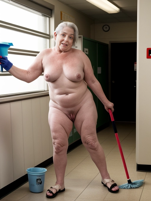 A naked mature woman, natural saggy breasts, slightly overweight, works naked as a janitor in a high school corridor, expression is sassy and aroused as she cleans while naked and giving her observer a good view of her aroused and sexually creamy cunt. I get so excited from cleaning naked, look how horny my cunt is.