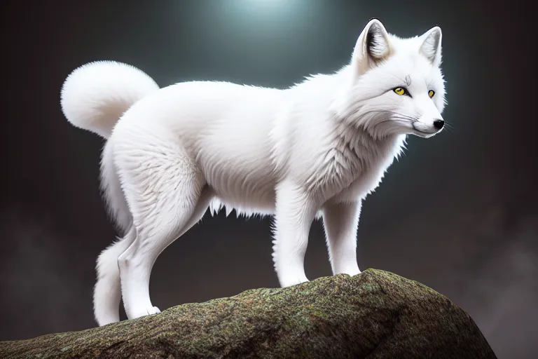 a digital painting of,a translucent arctic fox spirit,wearing camisole,shooting from a high point,in the kitchen,five fingers per hand,curly hair,beautiful face,beautiful lips,green eyes,curved eyebrows,joyful,wearing necklace,cinematic lighting,sharp focus,highly detailed,surreal,unreal engine