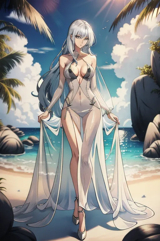 23 year old, woman,slender, long hair,transparent dress,seychelles