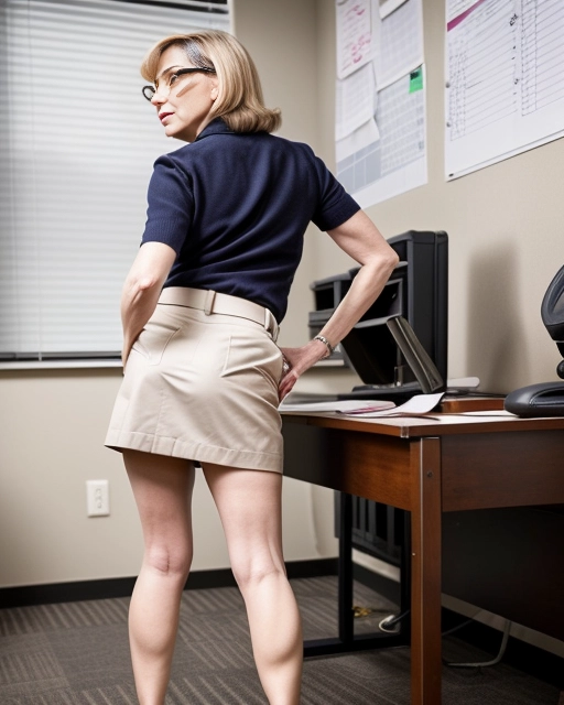 A mature secretary wears a tiny short skirt and allows her naked and exposed vagina to release her pee onto the floor of her upscale office as she tries hard to conceal her sexual arousal. Secretary in short skirt pees on the floor of the office.