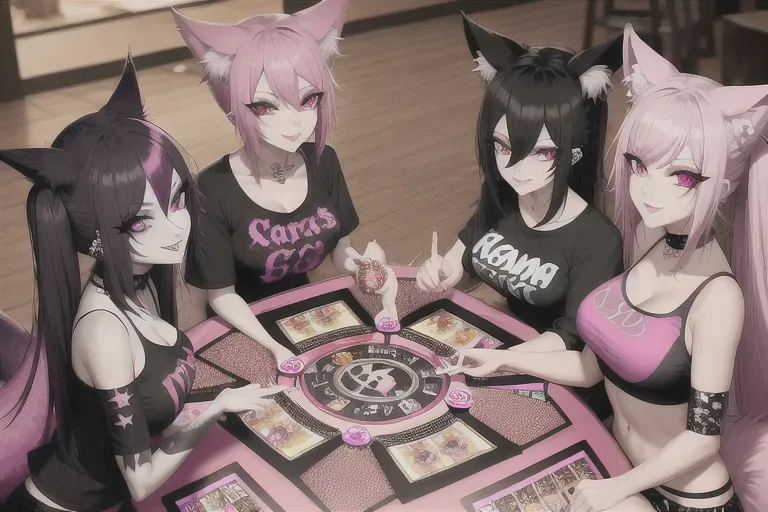 4 goth foxgirls, pink and black hair, tail, arm tattoos, piercings, croptop t-shirt, fluffy pj pants, playing a boardgame, at a tabble