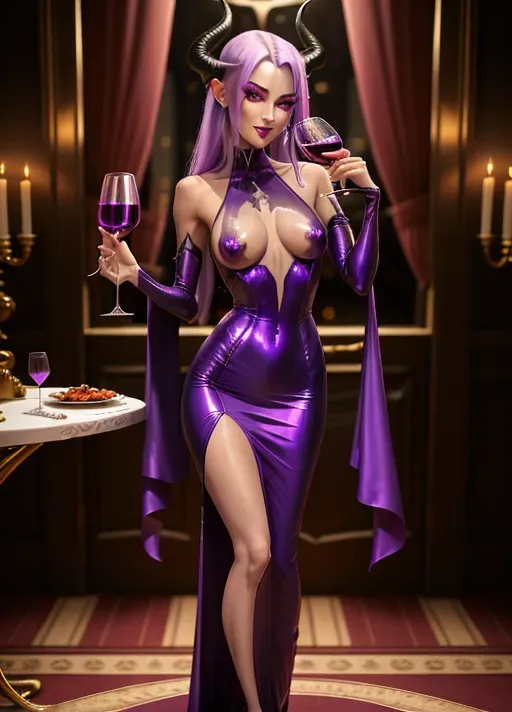 daemon succubus, purple skin, small horns, large breasts with large erect nipples, long tail, toned body and abs, slender arms and legs, dressed in a long and luxurios evening dress, showing cleavage, sexy eyes, erotic pose, very beautiful face, evil smile, drinking a glass of wine, nsfw
standing on the balcony at a dinner party in a luxurious mansion