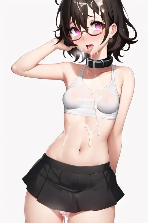 cute girl, ((full body)), short hair, ((messy hair)), brown hair, (((round glasses))), ((black glasses)), cute face, soft body, skin, excessive cum in pussy, excessive cum in hair, ((highly detailed)), medium breasts, five slender fingers, (((no muscles))), (((small breasts))), pink eyes, curved eyelid, pale, cum on body, excessive cum in mouth, ((tv head)), bathed in cum, excessive cum, fully naked, (((no clothes))), (((rape))), collar, ((covered in cum)), excessive cum on face, excessive, excessive cum in nose, (((crying))), (((ahegao)))