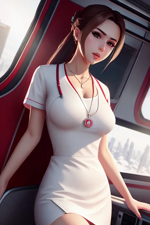 a illustration of,a russian girl,wearing nurse clothes,shooting from a high point,in the bus,amazing breasts,five slender fingers,gorgeous face,beautiful lips,brown eyes,curved eyebrows,smooth skin,joyful,wearing necklace,unreal engine,professional,8k,highly detailed,pixiv