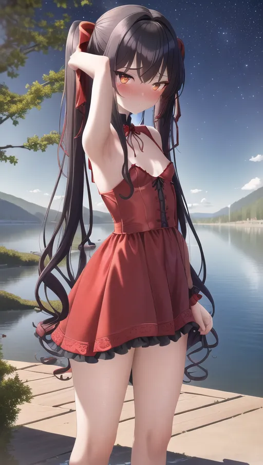 masterpiece, best quality, ((small breasts)), detailed background, fit woman standing by a lake, ((red gothic dress)), curly black hair in pigtails, detailed golden eyes, exhausted, blushing, pointy nipples, red ribbon in hair, detailed pussy, detailed face, hot, short, goth, slutty, moonlight, night time, starry sky