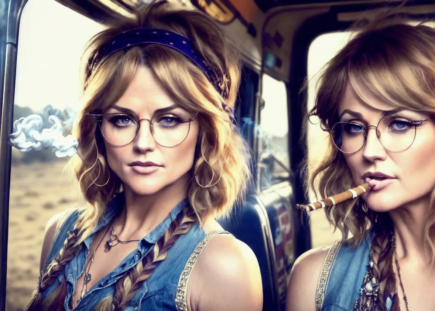 Dopamine Girl - realistic HD photograph ((wide shot)), (((youthful Lucy  Lawless)))((((accurate face)))), (((dazed facial expression))),(((As a  stoner Hippie)))(((in the back of a stoner van)))(((((smoking an unfiltered  cigarillo))))),((wearing a ...