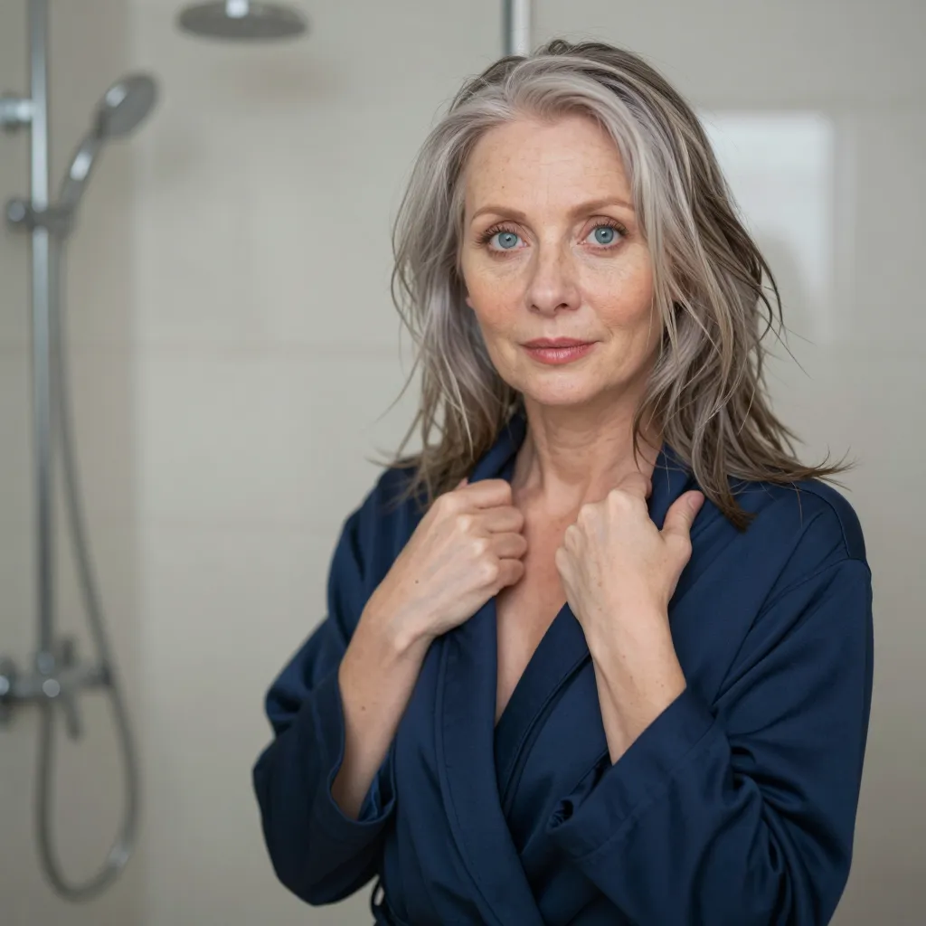 A hyper-realistic photo, her full body in view, full body view, full body and face in picture of a middle-aged woman , standing in a bathroom, with fair skin and expressive features. She has shoulder-length, light gray hair with a slightly tousled, natural texture that frames her face beautifully. Her striking blue eyes are wide and clear, complemented by well-defined light brown eyebrows and subtle, natural makeup featuring a soft pink lipstick on her full lips. The image captures fine details of her complexion, including a few scattered freckles. She is wearing a simple dark blue robe, medium bust, showing slight cleavage, long legs. The lighting is soft and diffused, casting a gentle glow that emphasizes the natural texture of her skin and the silvery tones in her hair. The background is artistically blurred into a creamy bokeh. , the composition feels authentic and personal, evoking a warm, casual mood. High-resolution photography, 8k, cinematic lighting. tiled shower, getting into the shower, untying her robe