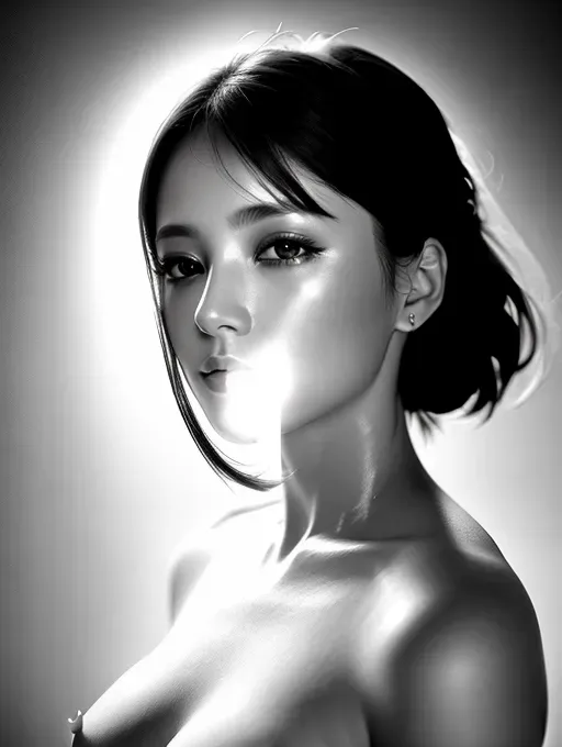 close-up High-Key photo, beautiful woman, monochromatic white, soft ethereal lighting, Minimal white studio setting, dispersion effect