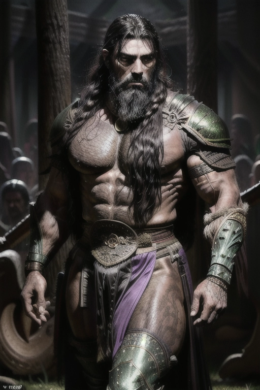 A realistic fantasy painting of a tall and muscular male warrior protecting a voluptuous dark skinned female concubine on a bloody and dark battlefield
Male subject has dark hair and a short trimmed black beard
Male subject wears black leather armor
Female subject wears torn purple and green silk hanging from her curvy body
Female subject has very long shiny black hair
Female subject is curvy and thicc with huge natural breasts and a wide round ass
<lora:dpmg_add_detail:1>
<lora:dpmg_chinese_architectural:1>