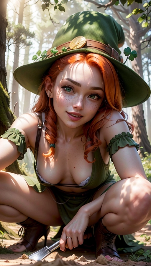 A digital professional photograph of, hot (((leprechaun))) woman (20) is (((burying a pile of gold coins))) ((with a shovel)) under a tree in a meadow, ((sexy (green) leprechaun outfit opened to expose her breasts)), (((evil grin))), leprechaun hat with ((clover)), (perfect face), beautiful lips, ((perfect small breasts)), beautiful eyes, ((shiny orange hair)), ((close-up)), ((freckles)), skin moles on breast,
tree shadows, fantasy atmosphere, bright sunny day, highly detailed, (cinematic lighting), ((cinematic composition)), five fingers per hand, 8k, vivid colours, HDR, (highest quality:1.8), highest resolution, (photorealist:1.72), (photorealism:1.72), (masterpiece:1.18), --s 750