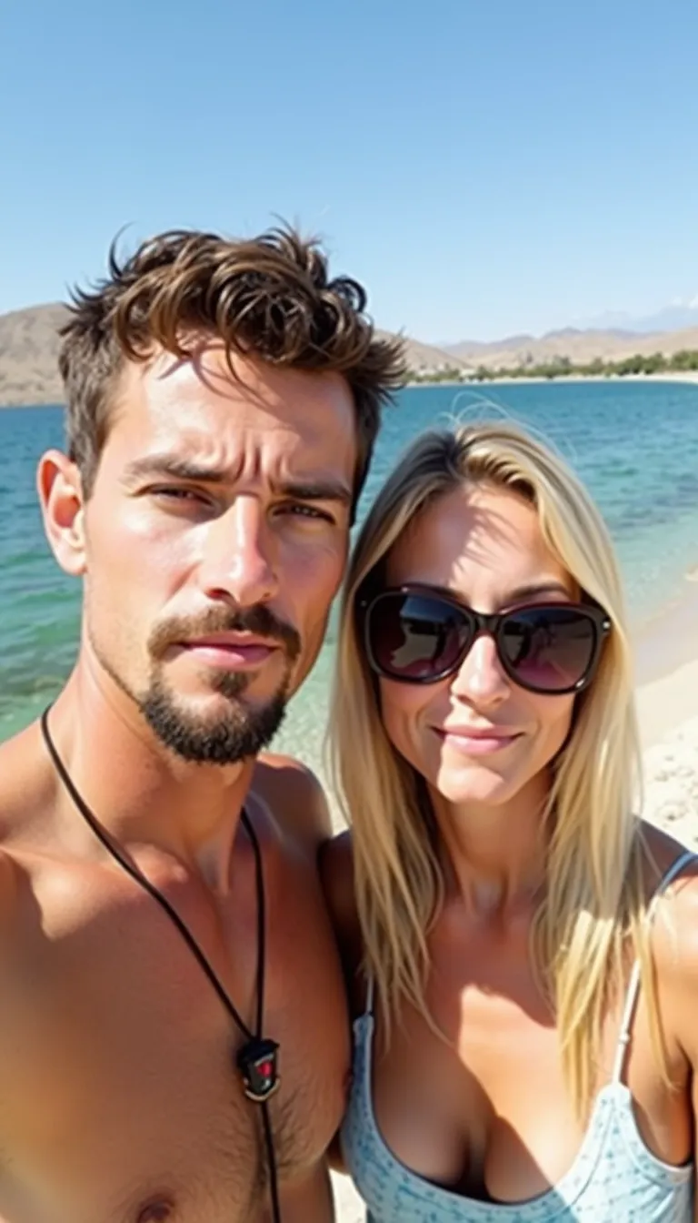 A selfie of an unattractive couple at the beach. The man has short brown hair and a goatee beard, while the woman is blonde and wearing sunglasses. The background features Lake Mitchell, Visalia, on a summer day