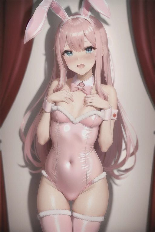 Embarrassed sissy boy wearing a pink playboy bunnygirl costume, flat chest