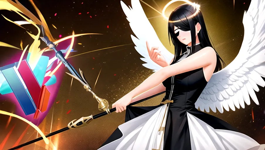 Angel with black hair and a blindfold wearing a form fitting dress holding a staff in a pin-up pose