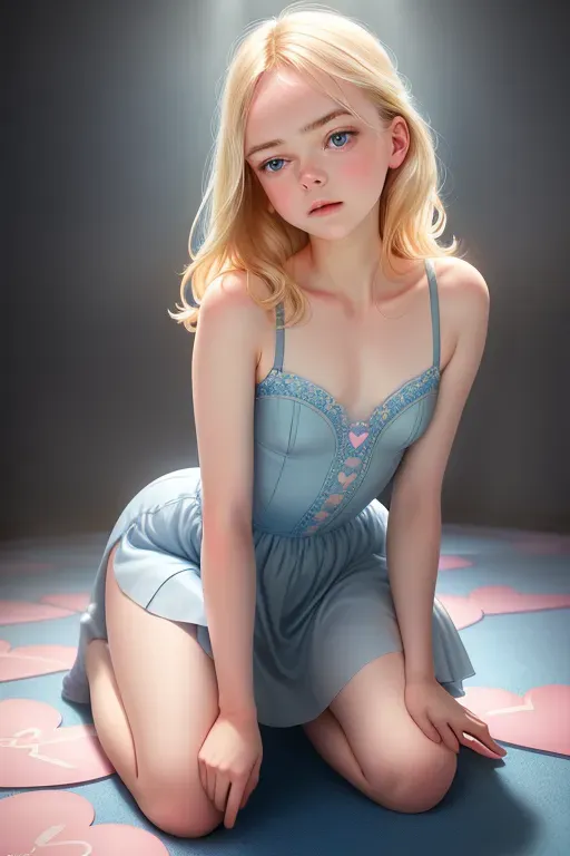 aurora bowing her head on the floor, blue dress, Disney princess, elle fanning face, blonde hair, wide blue eyes, soft cheeks, full lips, curvy, small breasts, aroused, dungeon setting, high definition, excellent lighting, 4k quality, submissive, fully clothed, looking scared, getting hit by a pink spell, hearts spell, surrounded by hearts,