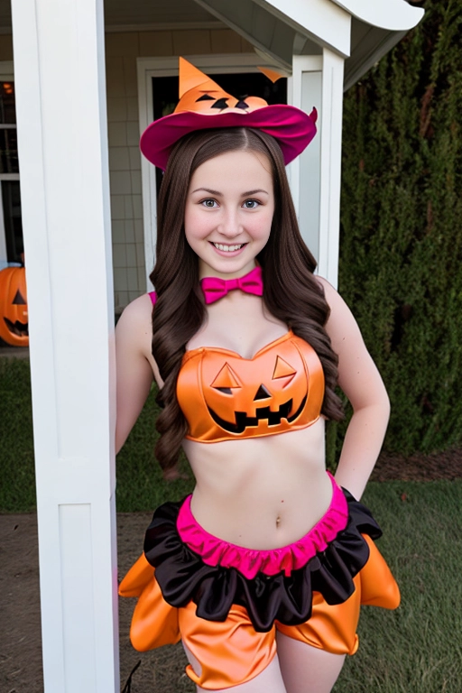 Pale girl with brown hair 19 year old girl poses in the cutest most innocent looking but slutty haloween costume. Wearing a Kids haloween costume but with a slutty twist. Outside trick or treating