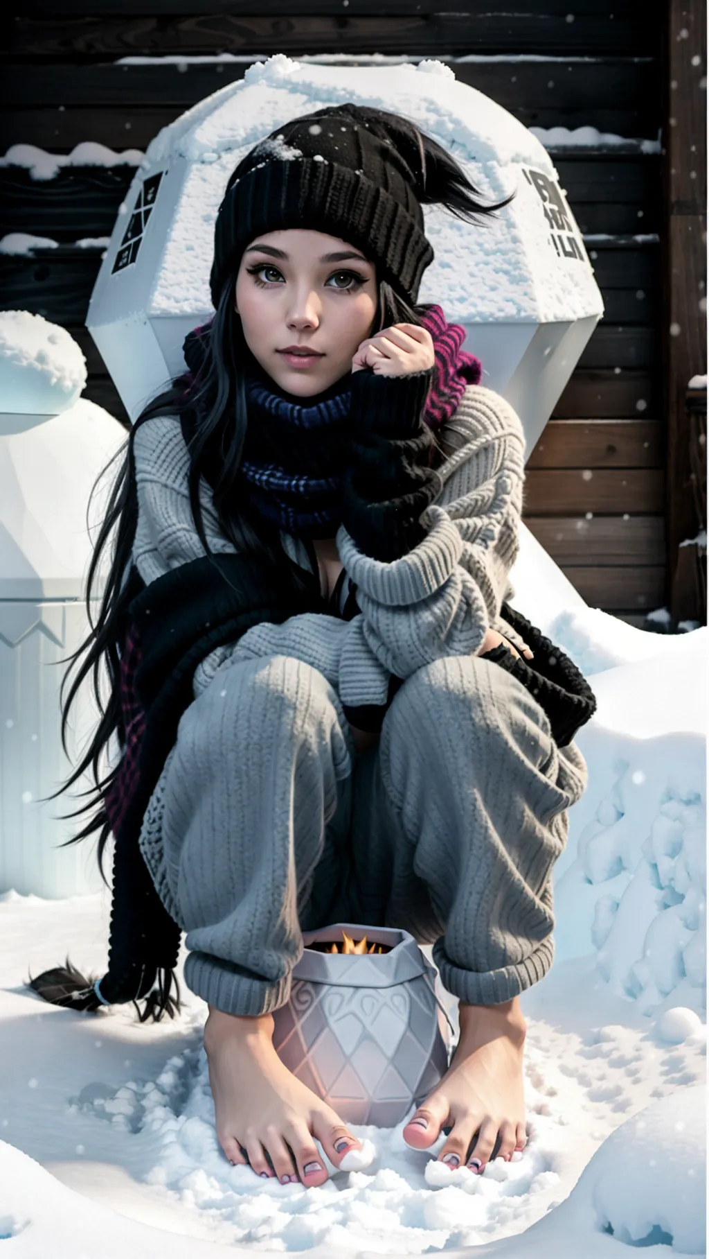 full-body image of a young hot barefoot punk girl with an angular face and long hair wearing casual pants and a long open sweater with a black scarf and gloves and fuzzy leg warmers while crouching inside an igloo with her bare feet in the snow and snow between her toes with tattoos on her feet, sexy feet,
