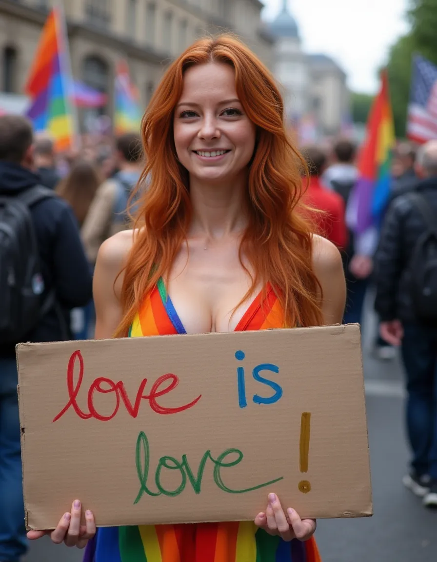 high resolution face close-up face portrait of an athletic Polish woman, 40 years old with round breasts
d1g1cam.
She is wearing revealing rainbow colored dress.
She is walking on street. Pride rally.
She has long copper colored disheveled hair.
A big crowded Pride Rally with Pride freedom flags in the background.
Looking into the camera. smile.
She is holding a big cardboard sign with colorful handwriting: "love is love!"